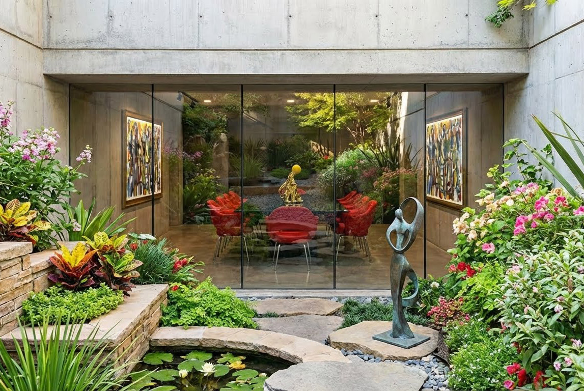 Open living room with kitchen and blue poufs