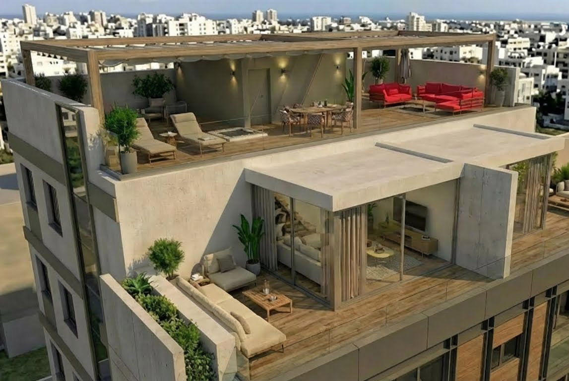 Modern living room with black sofa