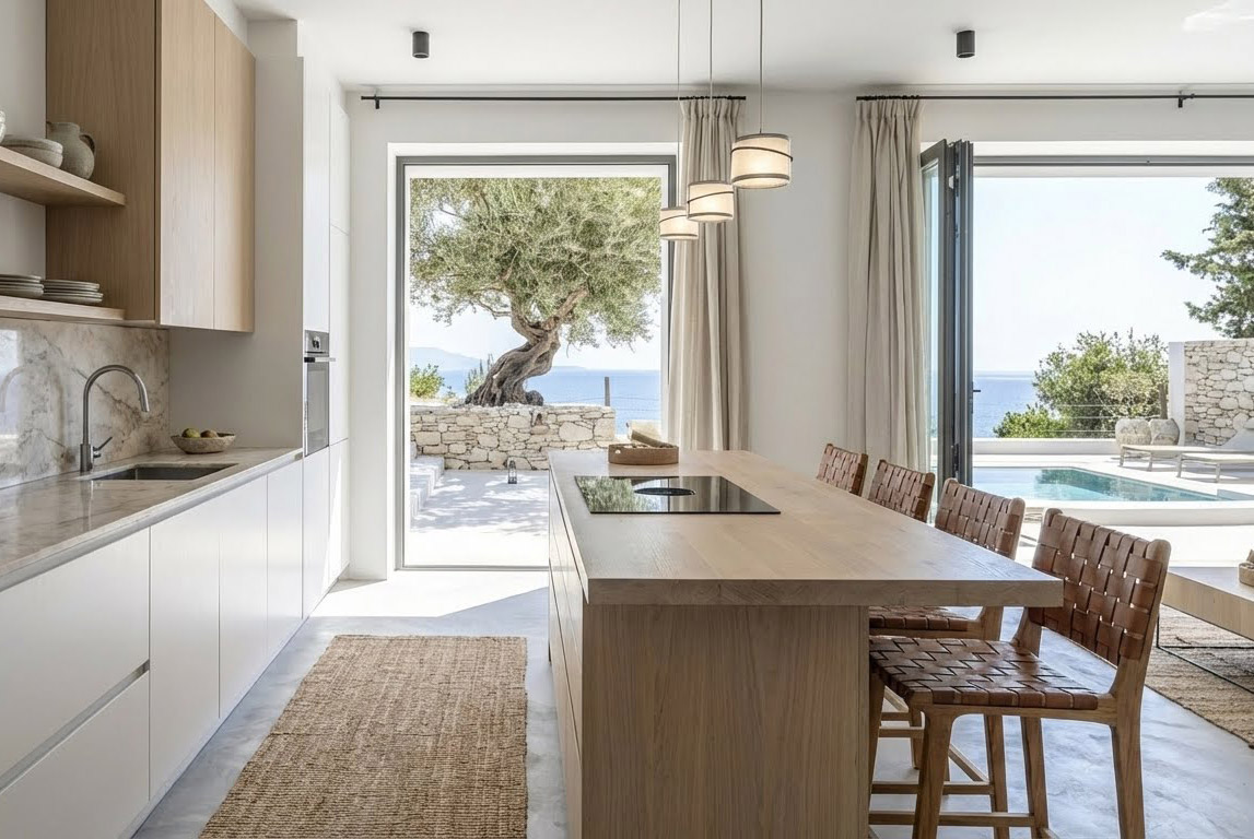 Modern living room with black sofa