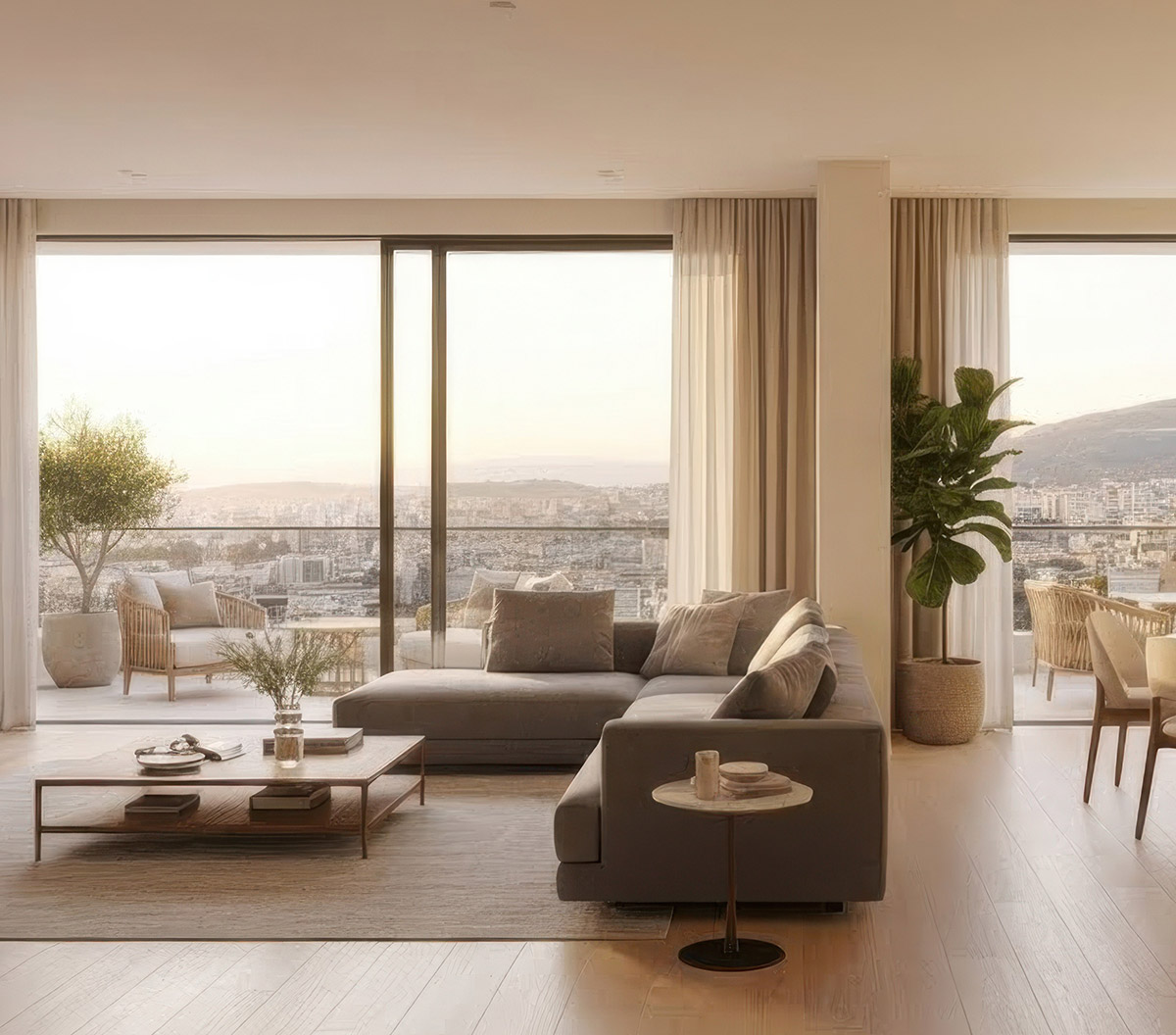 Modern living room with black sofa