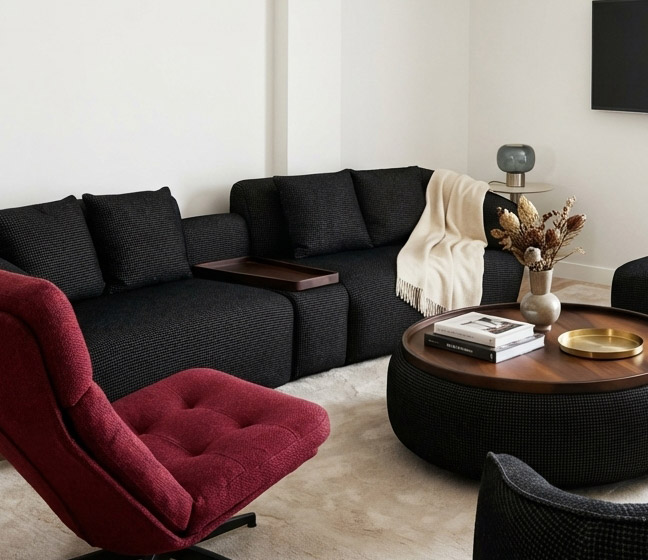 Modern living room with black sofa