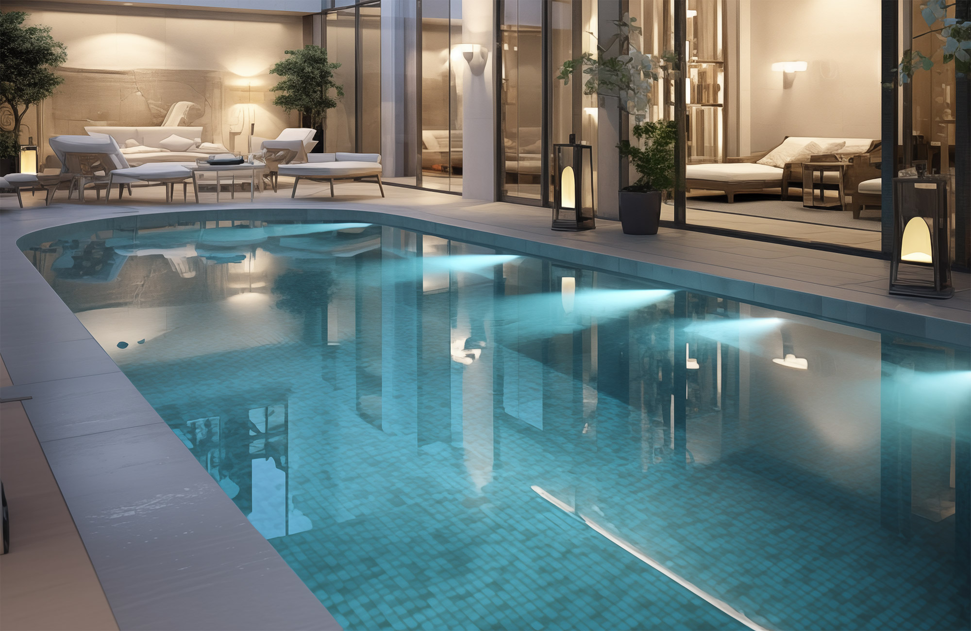 Salon ouvert avec cuisine et poufs bleus